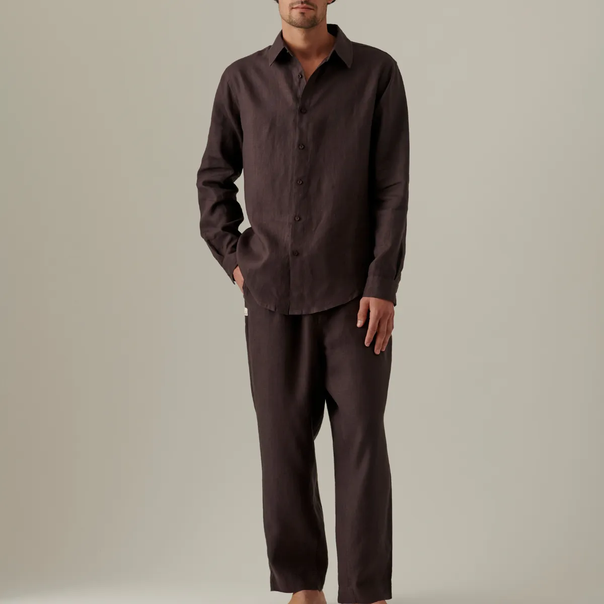 100% Linen Long Sleeve Sleepwear Set in kohl - Mens