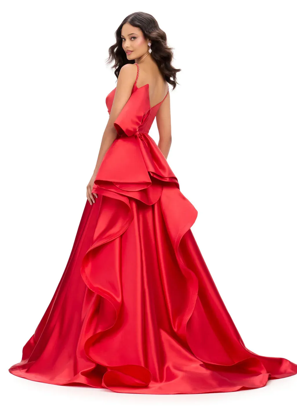 Ashley Lauren 11769 Satin Ballgown with Bow Formal Dress Sweetheart Neckline Ruched Bodice Full Skirt with Train