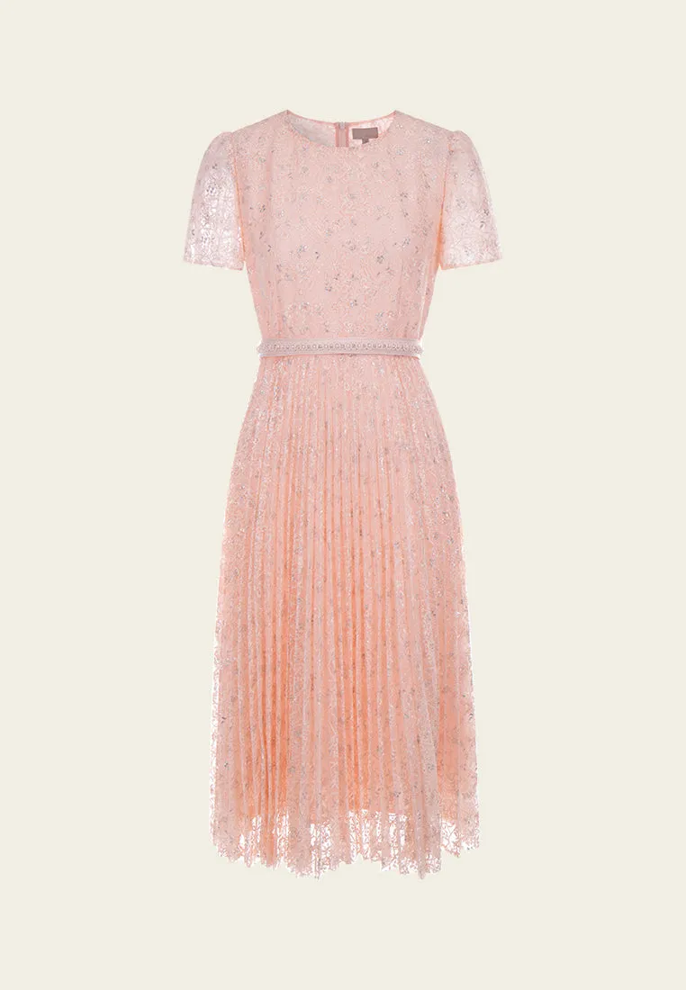 Belted Sequin-detail Lurex Mesh Lace Dress