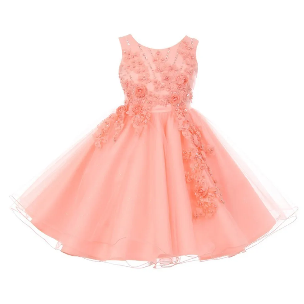 Big Girls Peach Pearl Beaded Glitter Tulle Junior Bridesmaid Dress 8-12