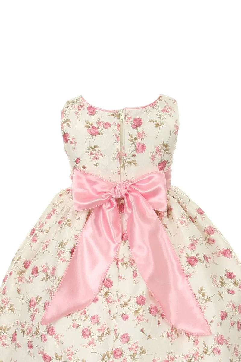 Big Girls Pink Jacquard Floral Printed Satin Rosette Sash Easter Dress 8-12