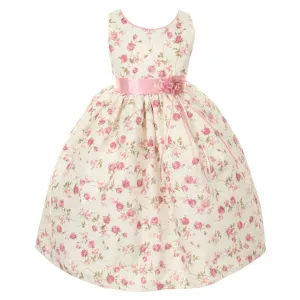 Big Girls Pink Jacquard Floral Printed Satin Rosette Sash Easter Dress 8-12