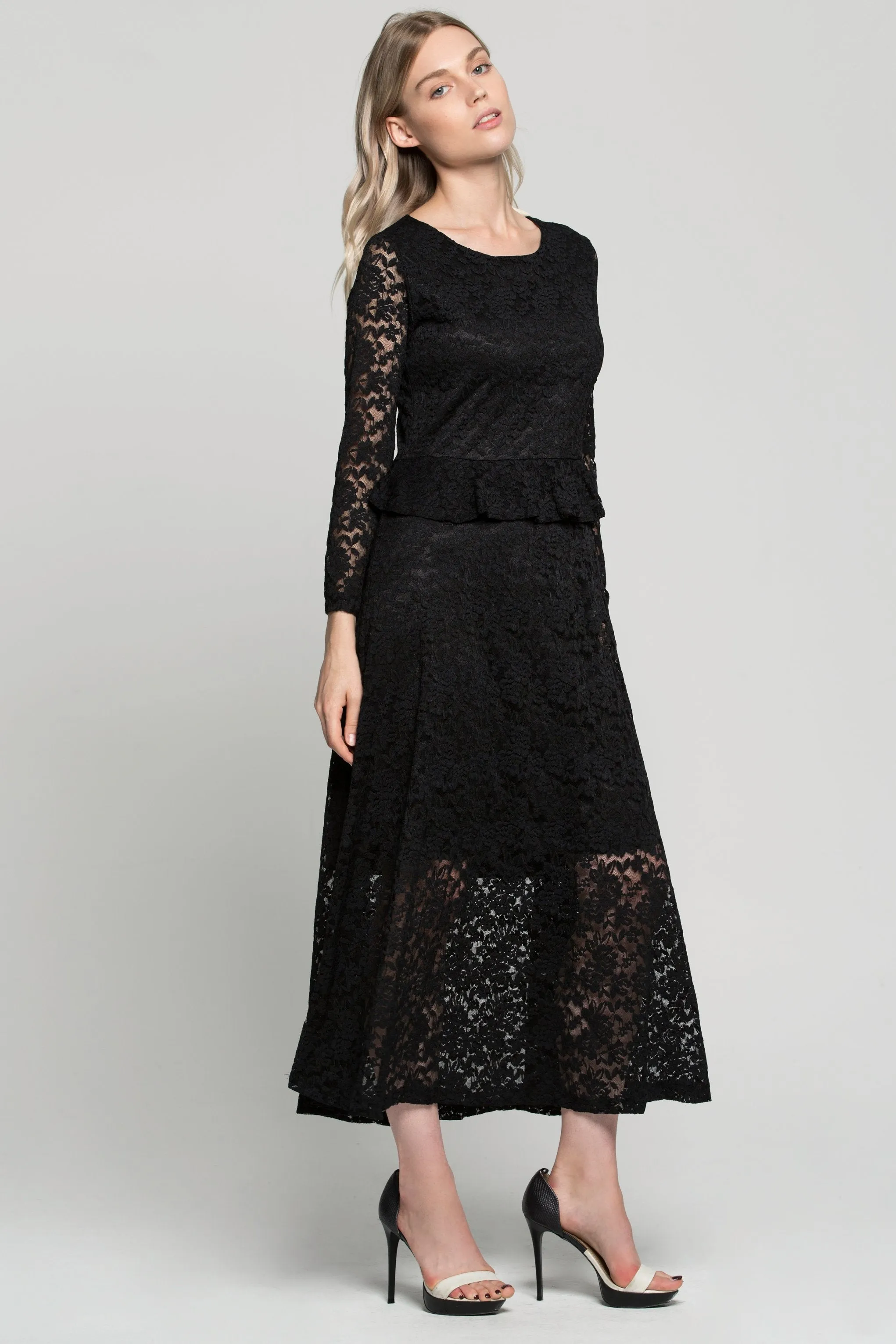 Black Floral Lace Peplum Maxi Dress