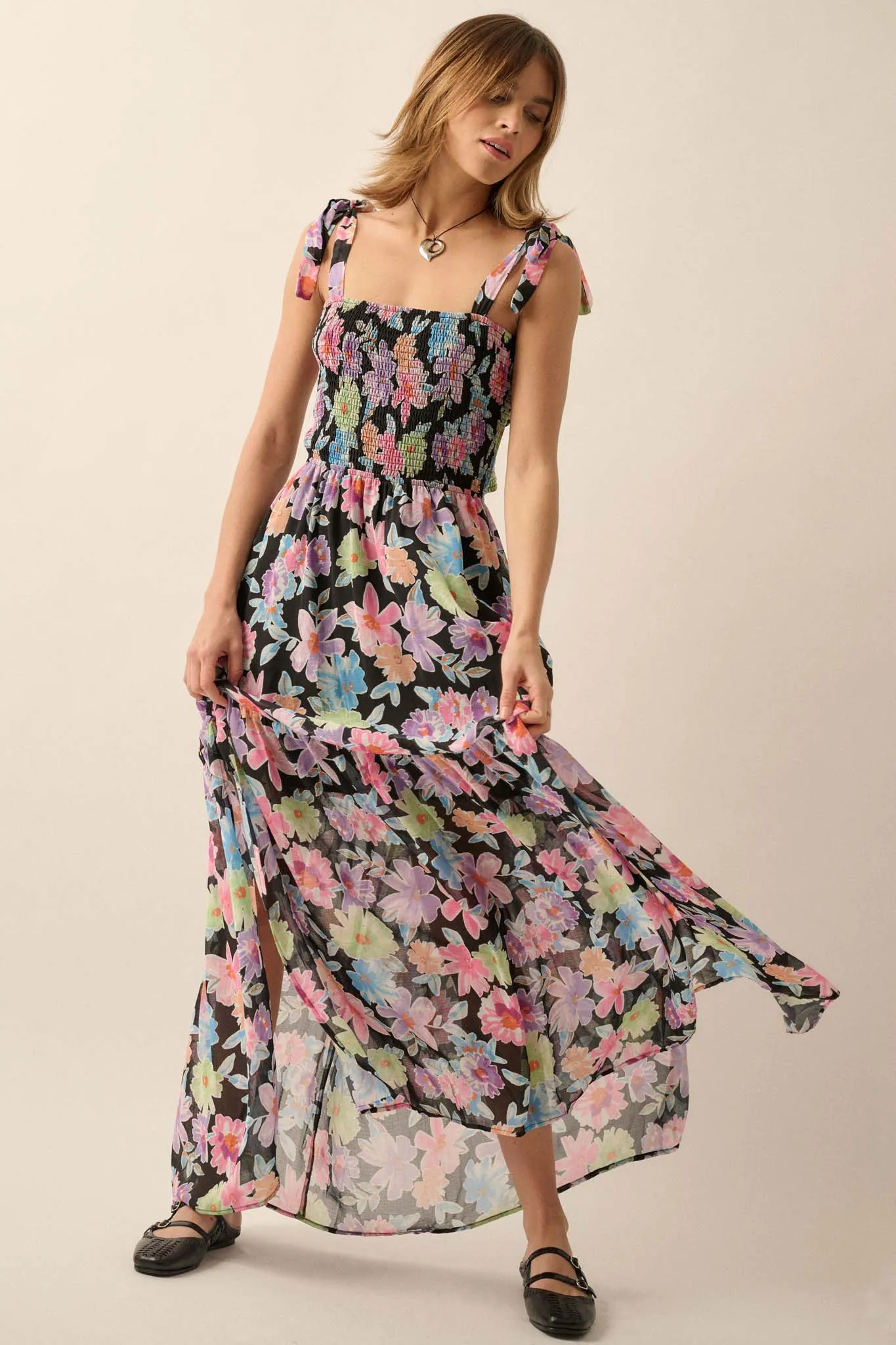 Bursting Blooms Smocked Floral Chiffon Maxi Dress