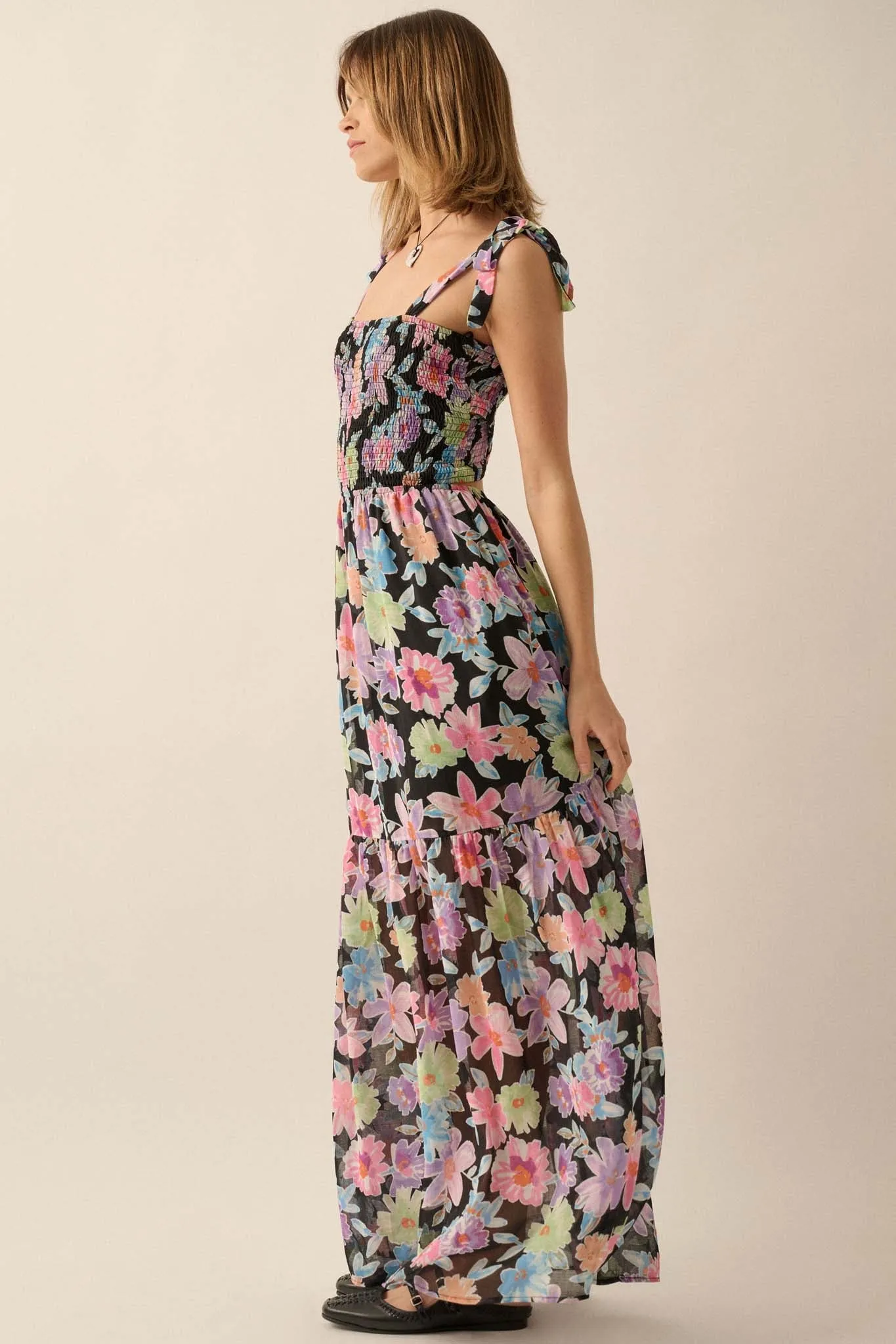 Bursting Blooms Smocked Floral Chiffon Maxi Dress