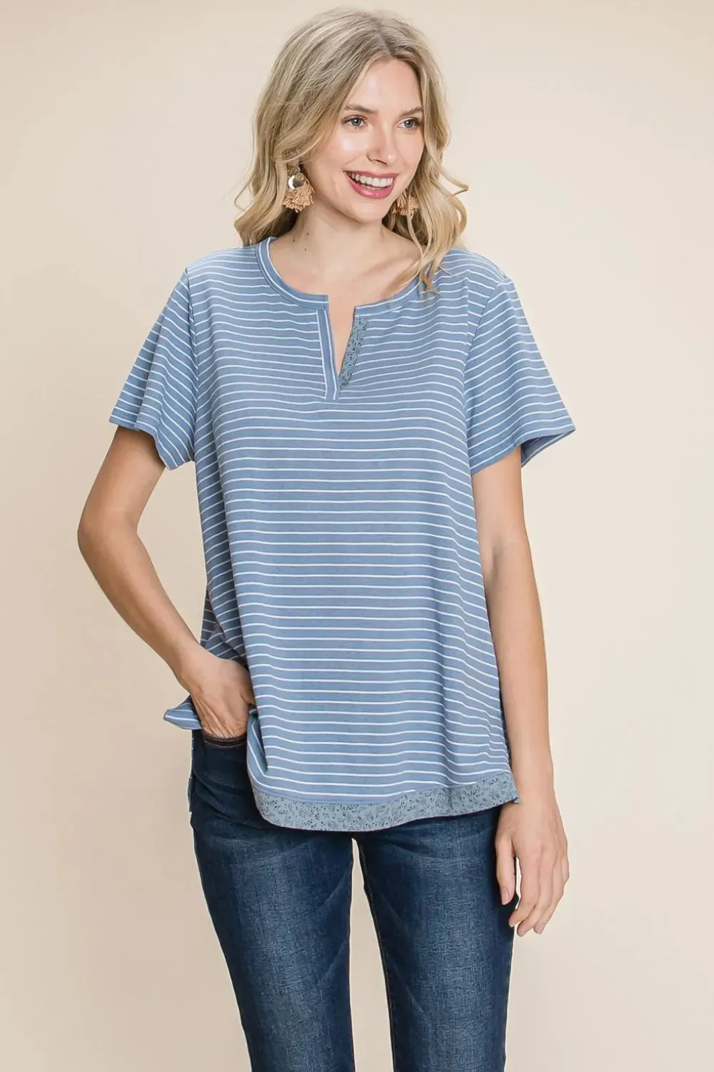 by Nu Lab Slit Striped Notched Short Sleeve T-Shirt