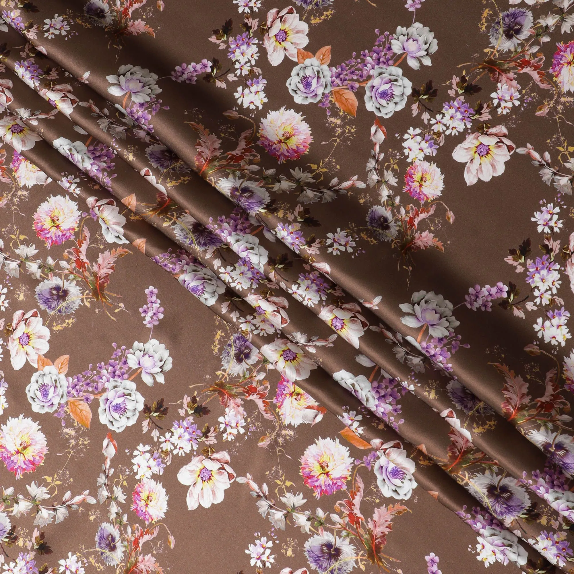 Chic Brown Italian Pure Silk Satin Fabric with Lavender Floral Print, 140cm Wide - Luxurious Textile Artistry-D18708