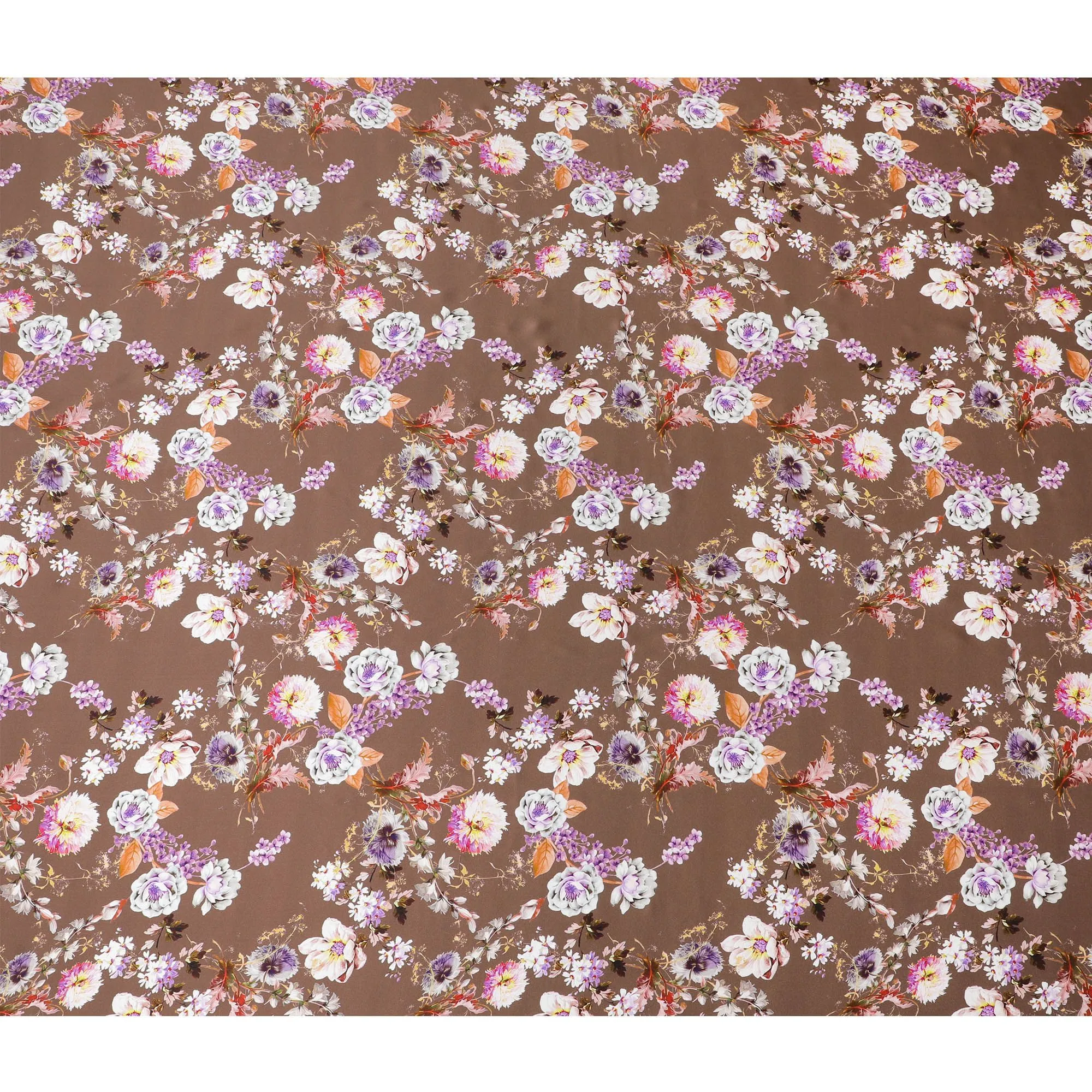 Chic Brown Italian Pure Silk Satin Fabric with Lavender Floral Print, 140cm Wide - Luxurious Textile Artistry-D18708