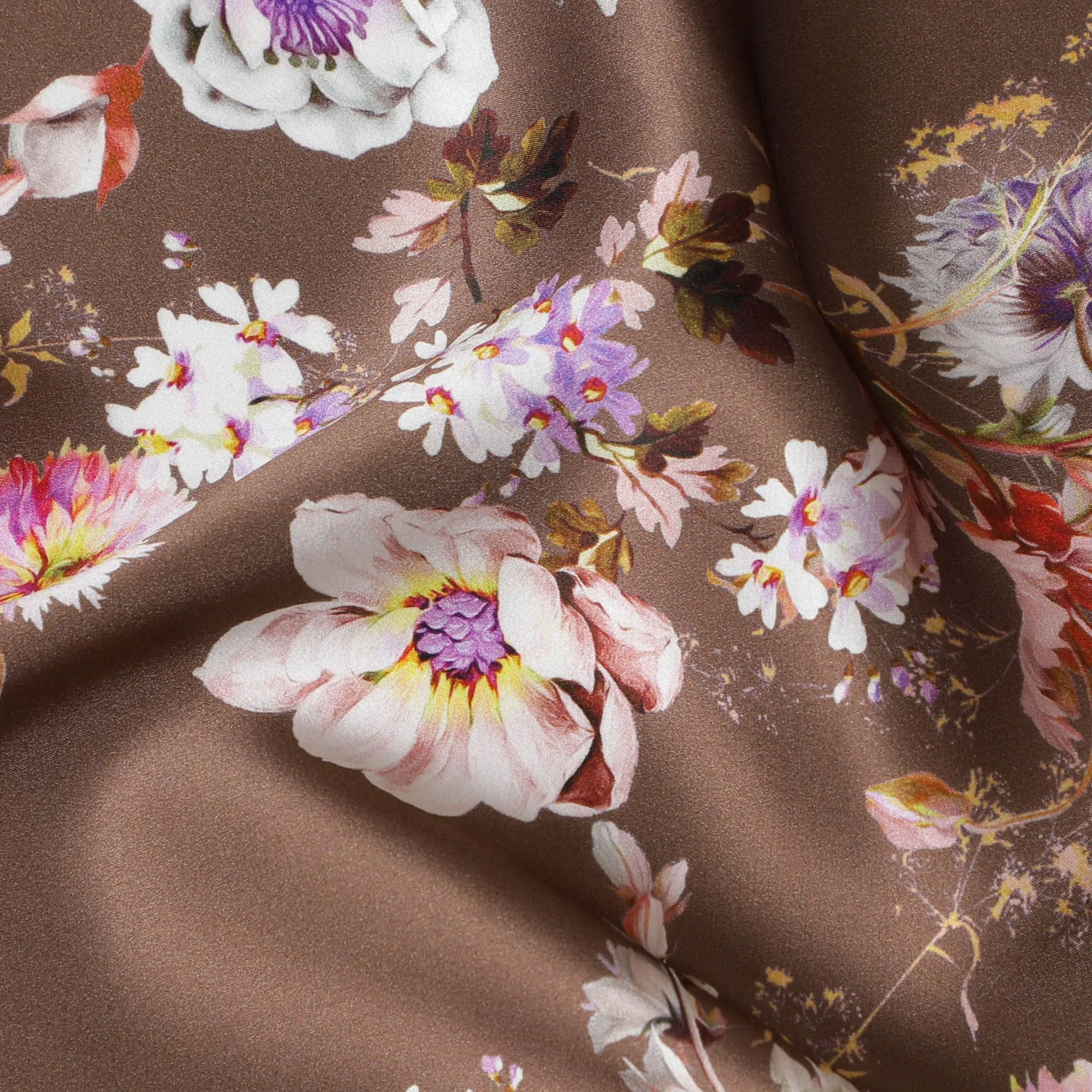 Chic Brown Italian Pure Silk Satin Fabric with Lavender Floral Print, 140cm Wide - Luxurious Textile Artistry-D18708