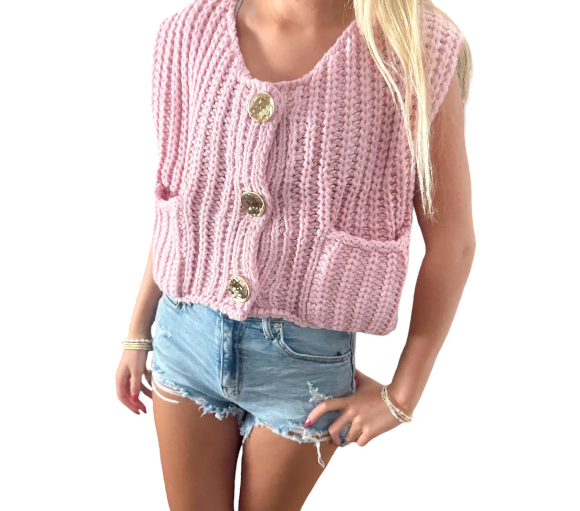 Chic Pink Sweater Vest with Glamorous Gold Buttons