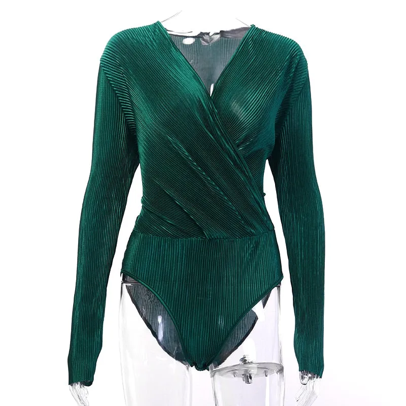 Chic Solid Color Long Sleeve V-neck Textured Bodysuit For Women