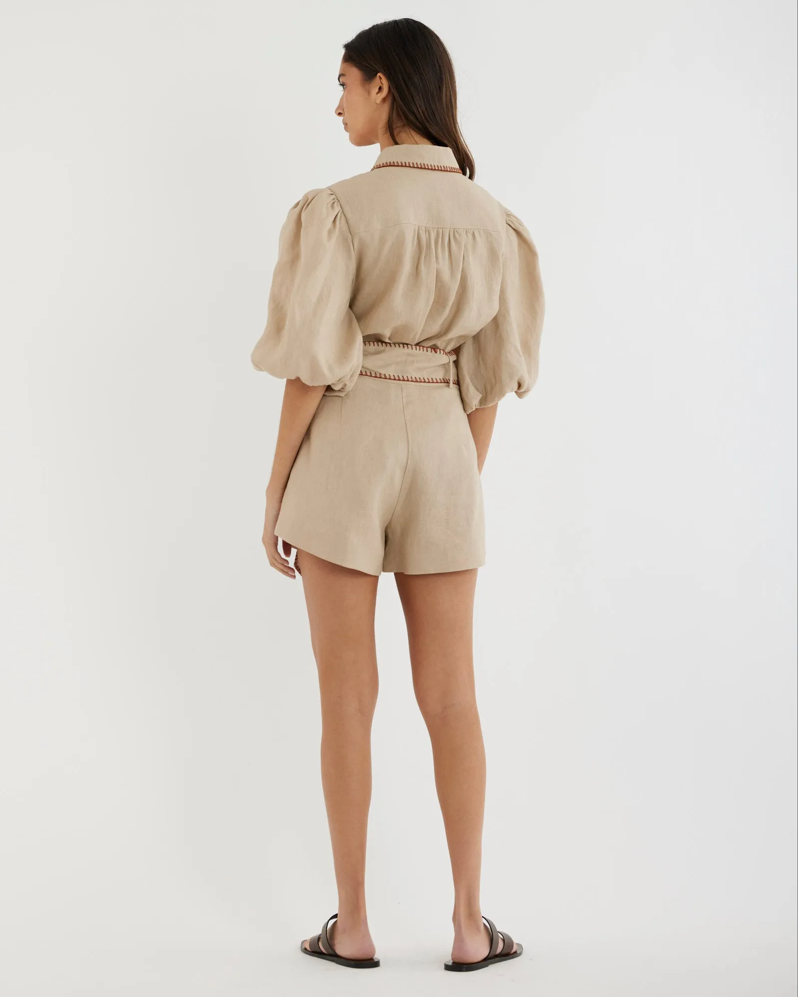 Chloe Stitch Detail Linen Short - Sand