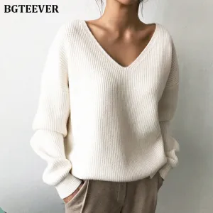 Christmas Gift Joskaa Casual V-neck Long Sleeve Loose Women Pullover Sweaters 2020 Autumn Winter Chic Irregular Hem Female Knitting Jumpers