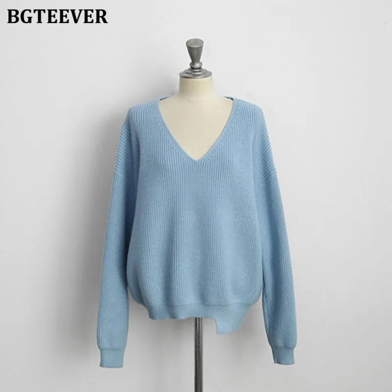 Christmas Gift Joskaa Casual V-neck Long Sleeve Loose Women Pullover Sweaters 2020 Autumn Winter Chic Irregular Hem Female Knitting Jumpers