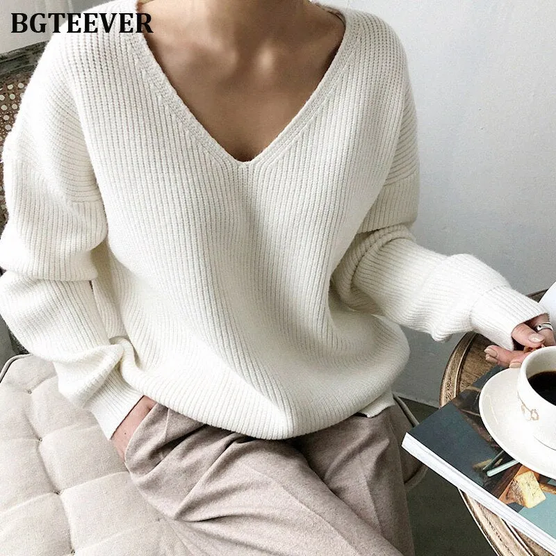 Christmas Gift Joskaa Casual V-neck Long Sleeve Loose Women Pullover Sweaters 2020 Autumn Winter Chic Irregular Hem Female Knitting Jumpers