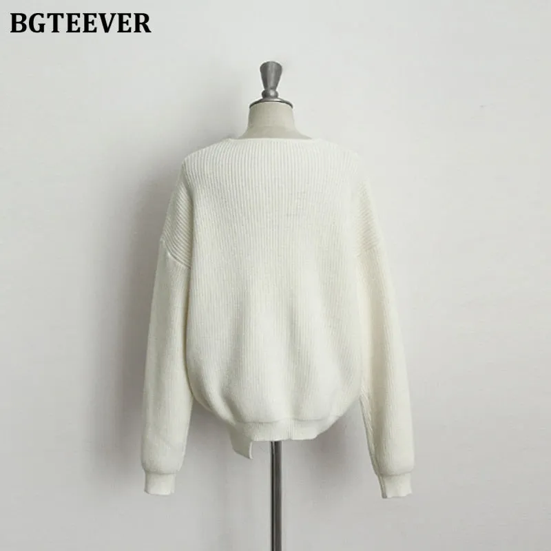 Christmas Gift Joskaa Casual V-neck Long Sleeve Loose Women Pullover Sweaters 2020 Autumn Winter Chic Irregular Hem Female Knitting Jumpers