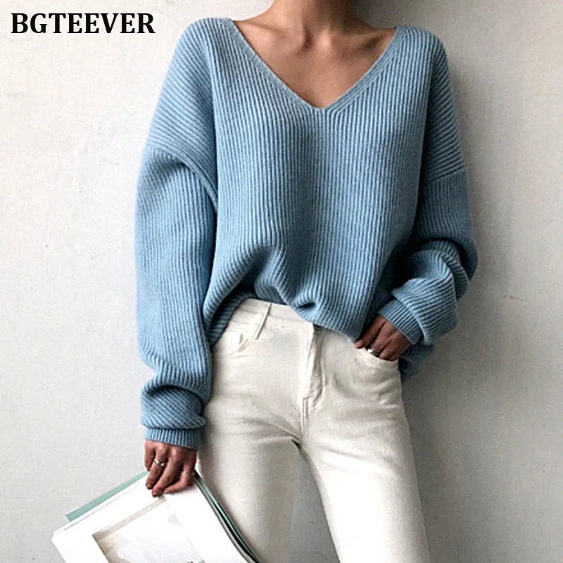 Christmas Gift Joskaa Casual V-neck Long Sleeve Loose Women Pullover Sweaters 2020 Autumn Winter Chic Irregular Hem Female Knitting Jumpers