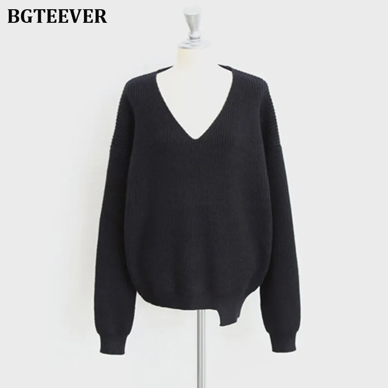 Christmas Gift Joskaa Casual V-neck Long Sleeve Loose Women Pullover Sweaters 2020 Autumn Winter Chic Irregular Hem Female Knitting Jumpers