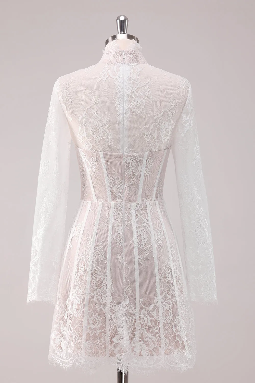 Delicate Lace White Corset Mini Dress with Long Sleeves