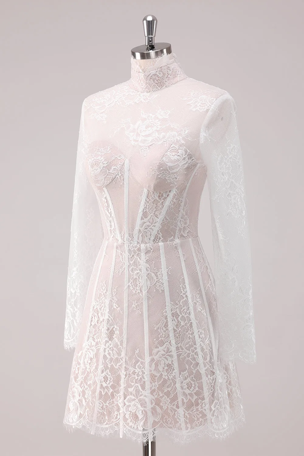 Delicate Lace White Corset Mini Dress with Long Sleeves