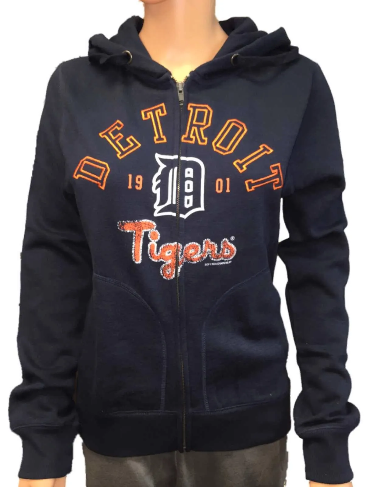 Detroit Tigers SAAG Women Navy Slub Zip Up Fleece Lined Hoodie Jacket