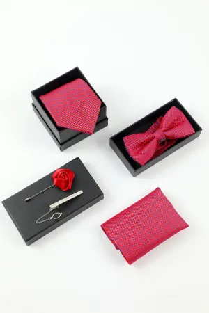 Fuchsia Men's 5-Piece Accessory Set Tie and Bow Tie Pocket Square Flower Lapel Pin Tie Clip