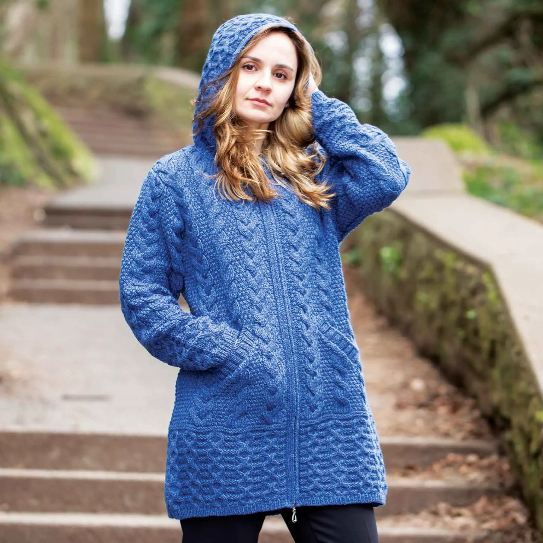 Galway Zip Up Hooded Aran Knit Jacket- Marl Blue