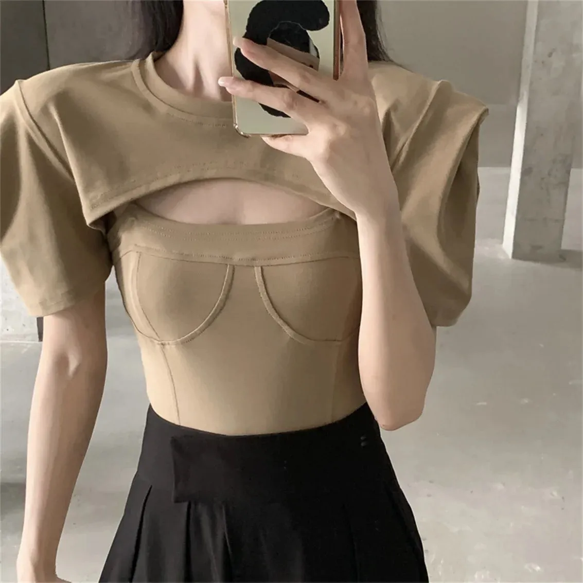 Girlary Slim Skinny T-Shirts Women Chic Sexy Tank Tops New Short Sleeve Summer Hollow Out Office Lady Streetwear Elegant