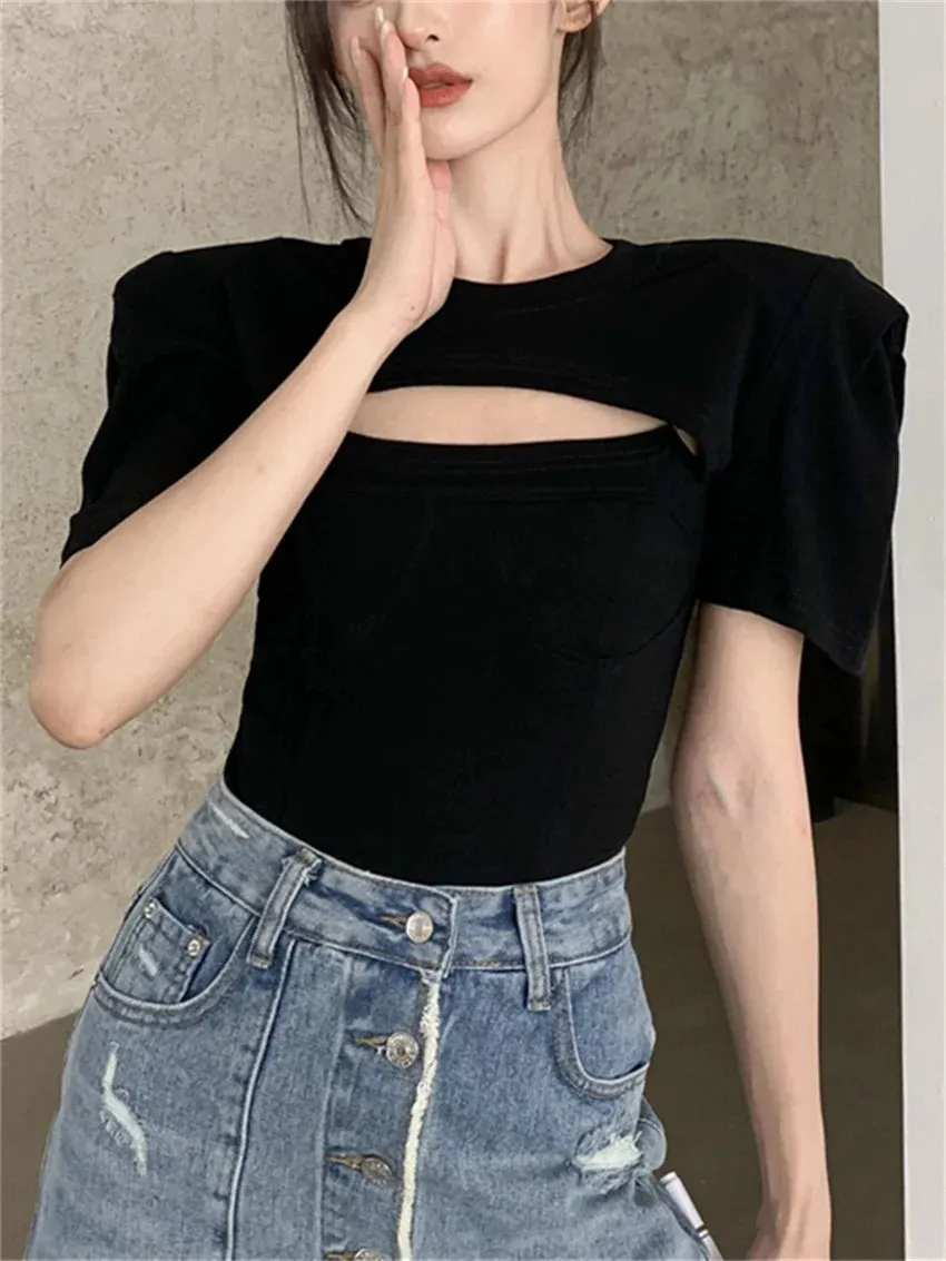 Girlary Slim Skinny T-Shirts Women Chic Sexy Tank Tops New Short Sleeve Summer Hollow Out Office Lady Streetwear Elegant