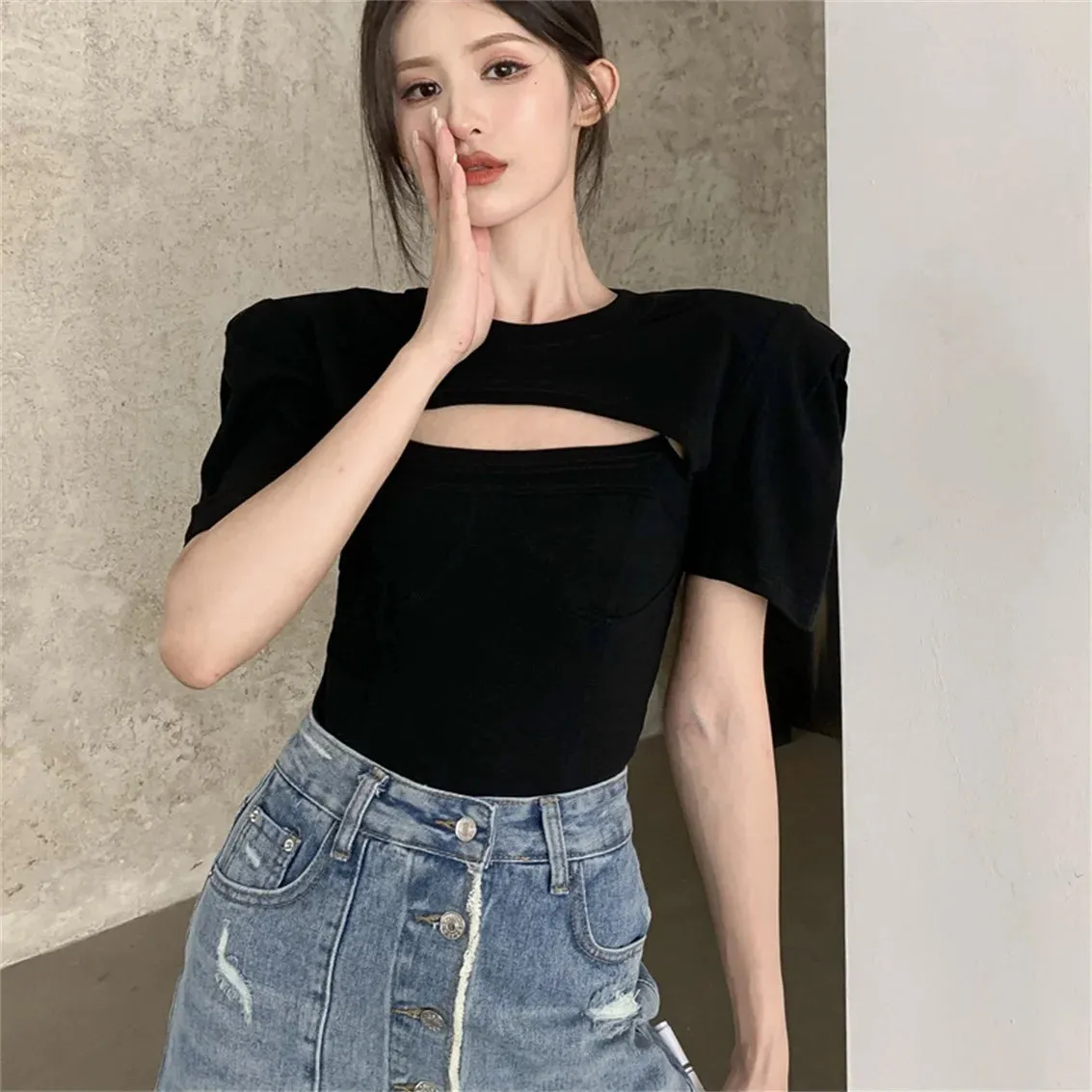 Girlary Slim Skinny T-Shirts Women Chic Sexy Tank Tops New Short Sleeve Summer Hollow Out Office Lady Streetwear Elegant