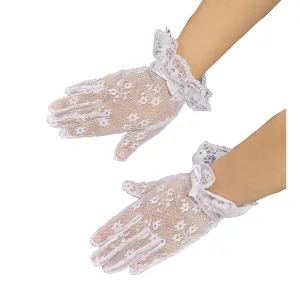 Girls White Lace Bow Accented Communion Flower Girl Gloves (0-3) S-(8-12) L