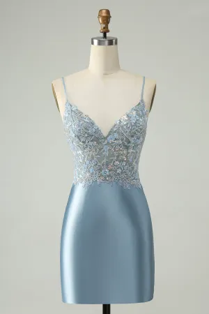 Glitter Dusty Blue Beaded Floral Tight Satin Mini Dress