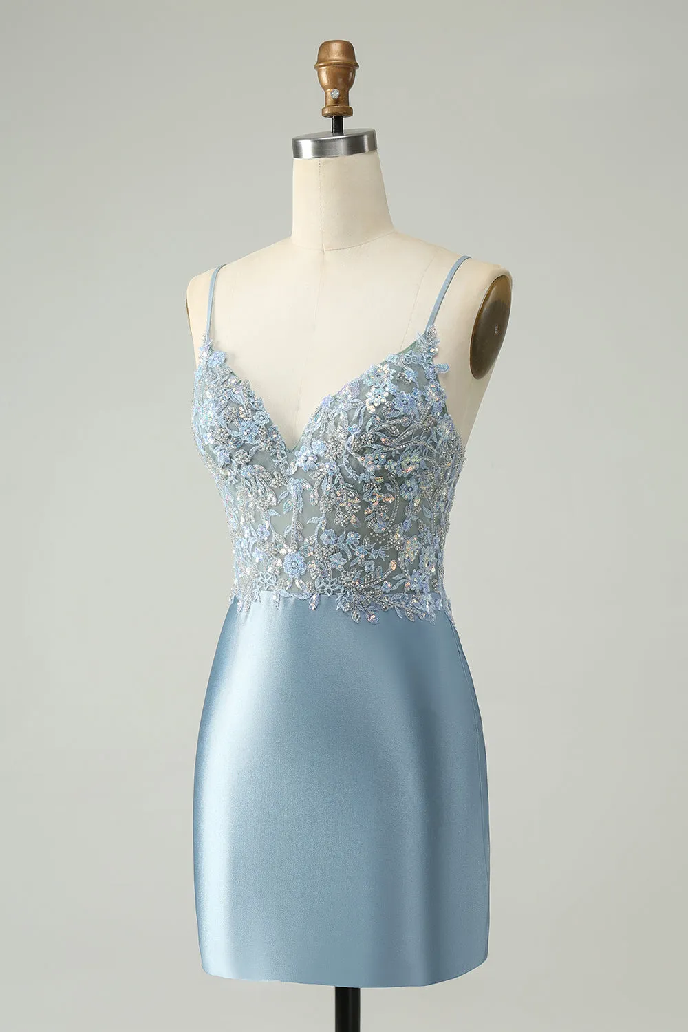 Glitter Dusty Blue Beaded Floral Tight Satin Mini Dress