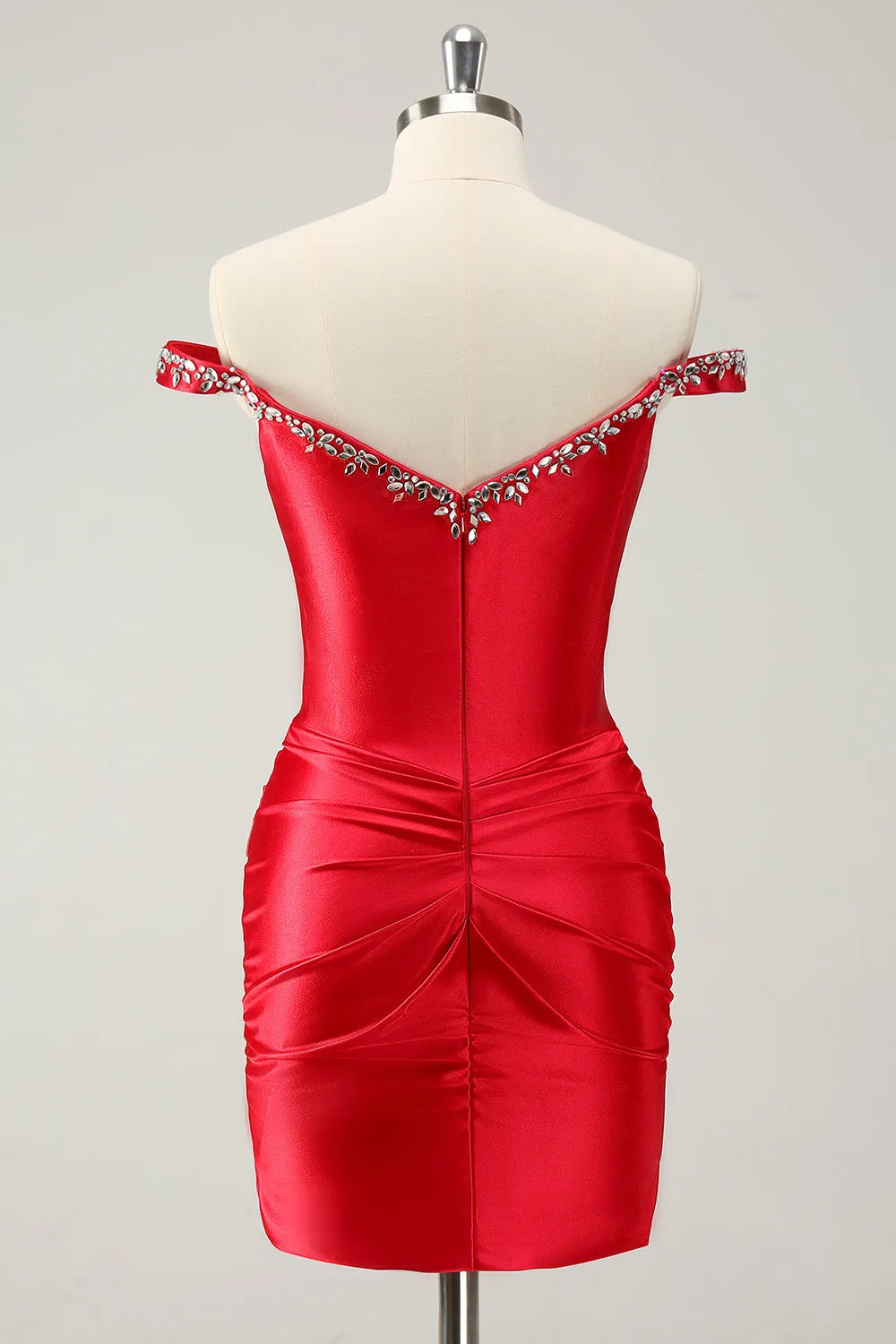 Glitter Red Beaded Off the Shoulder Satin Tight Mini Dress