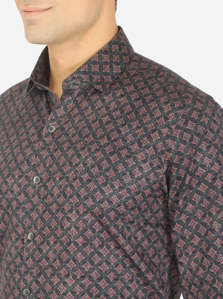 Grey & Red Printed Slim Fit Party Wear Shirt | Wyre