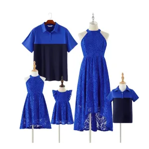 Halter Neckline Guipure Lace Dresses and Cotton T-shirts - Family Matching Outfit