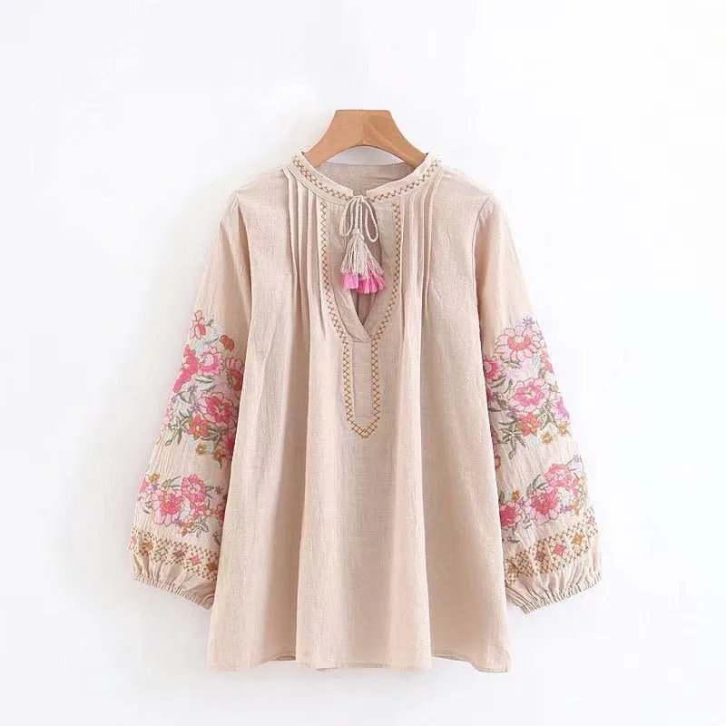 HAPPIE QUEENS Vintage Chic Tassel Floral Embroidery Linen Blouse