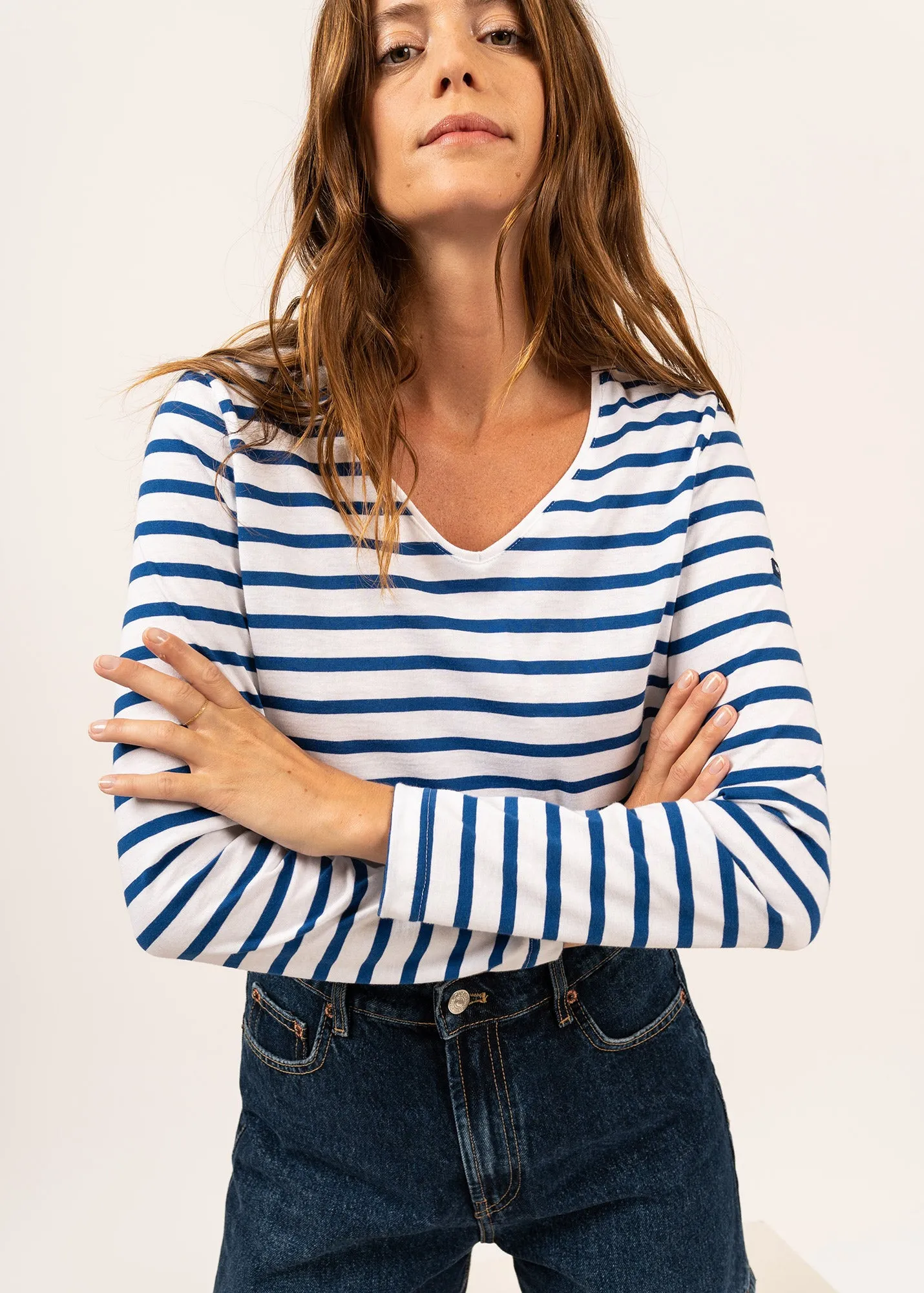 Hoedic V neck sailor striped shirt - long sleeves, in cotton (NEIGE/GITANE)