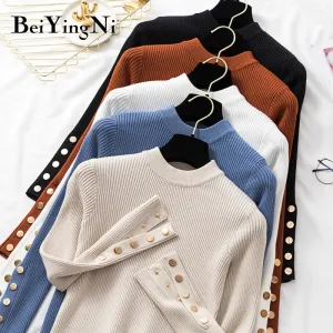 Joskaa Christmas Gift Beiyingni Winter Women Sweater Buttons Solid Vintage Basic Chic Knitted Top Womans Warm White Black Pullovers Female Slim Jumper