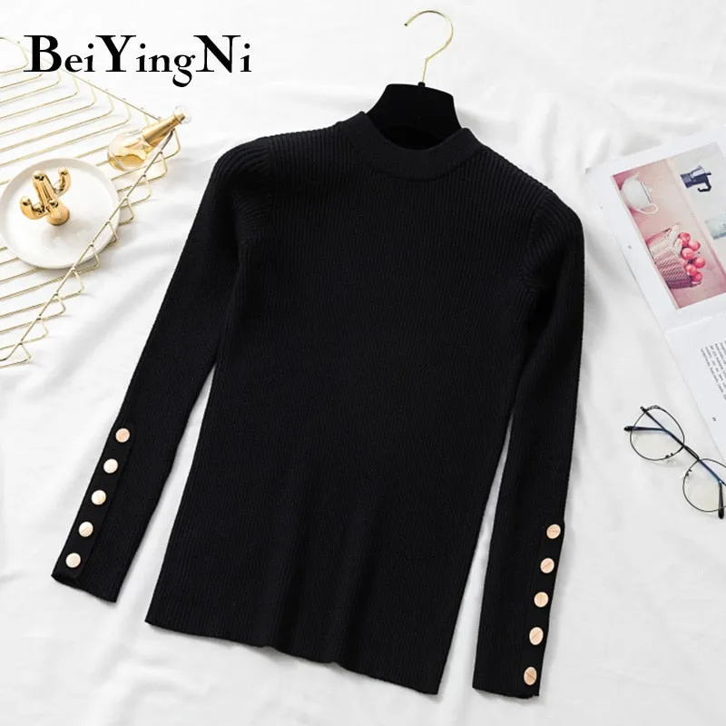 Joskaa Christmas Gift Beiyingni Winter Women Sweater Buttons Solid Vintage Basic Chic Knitted Top Womans Warm White Black Pullovers Female Slim Jumper