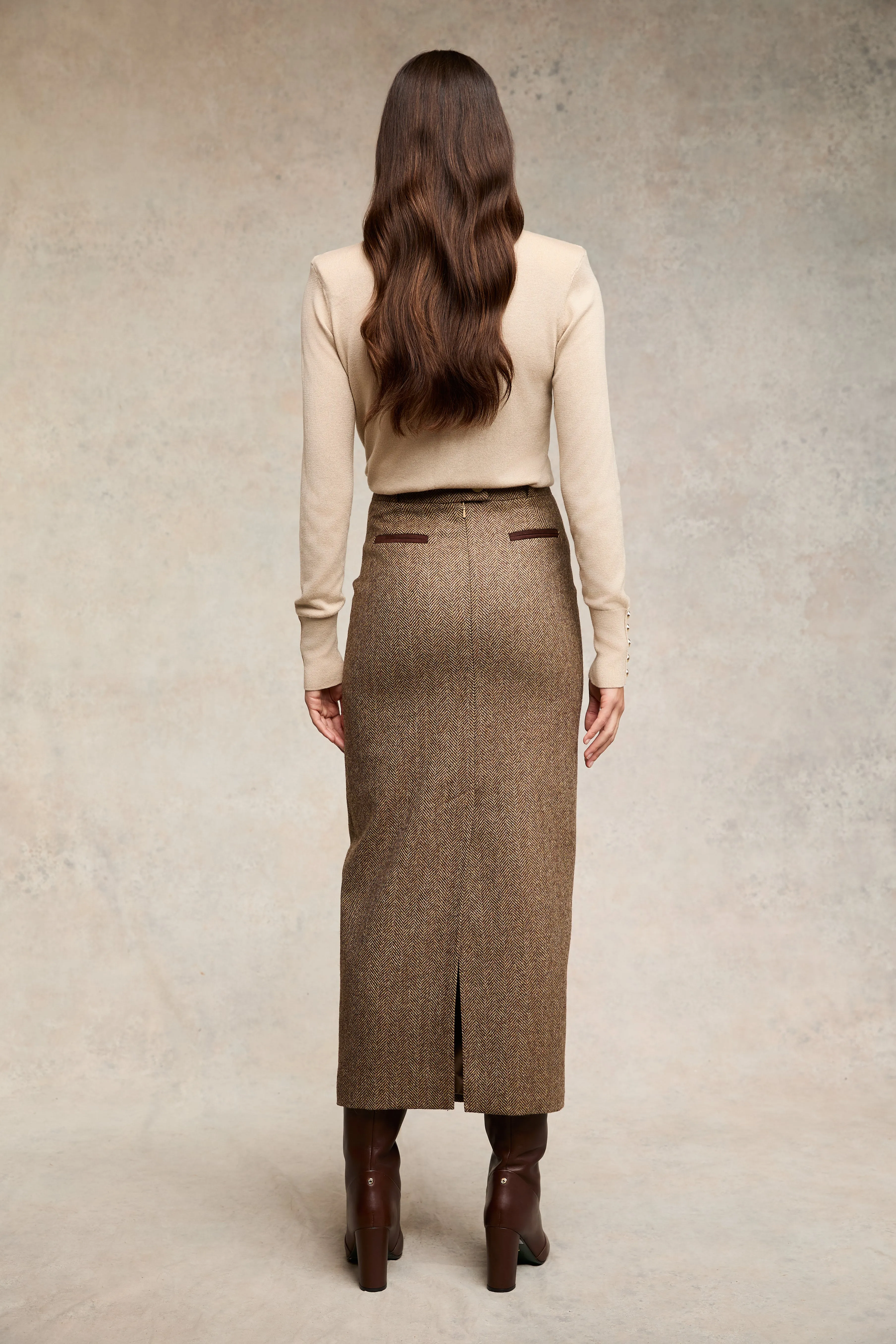 Knightsbridge Maxi Skirt (Large Scale Brown Herringbone)