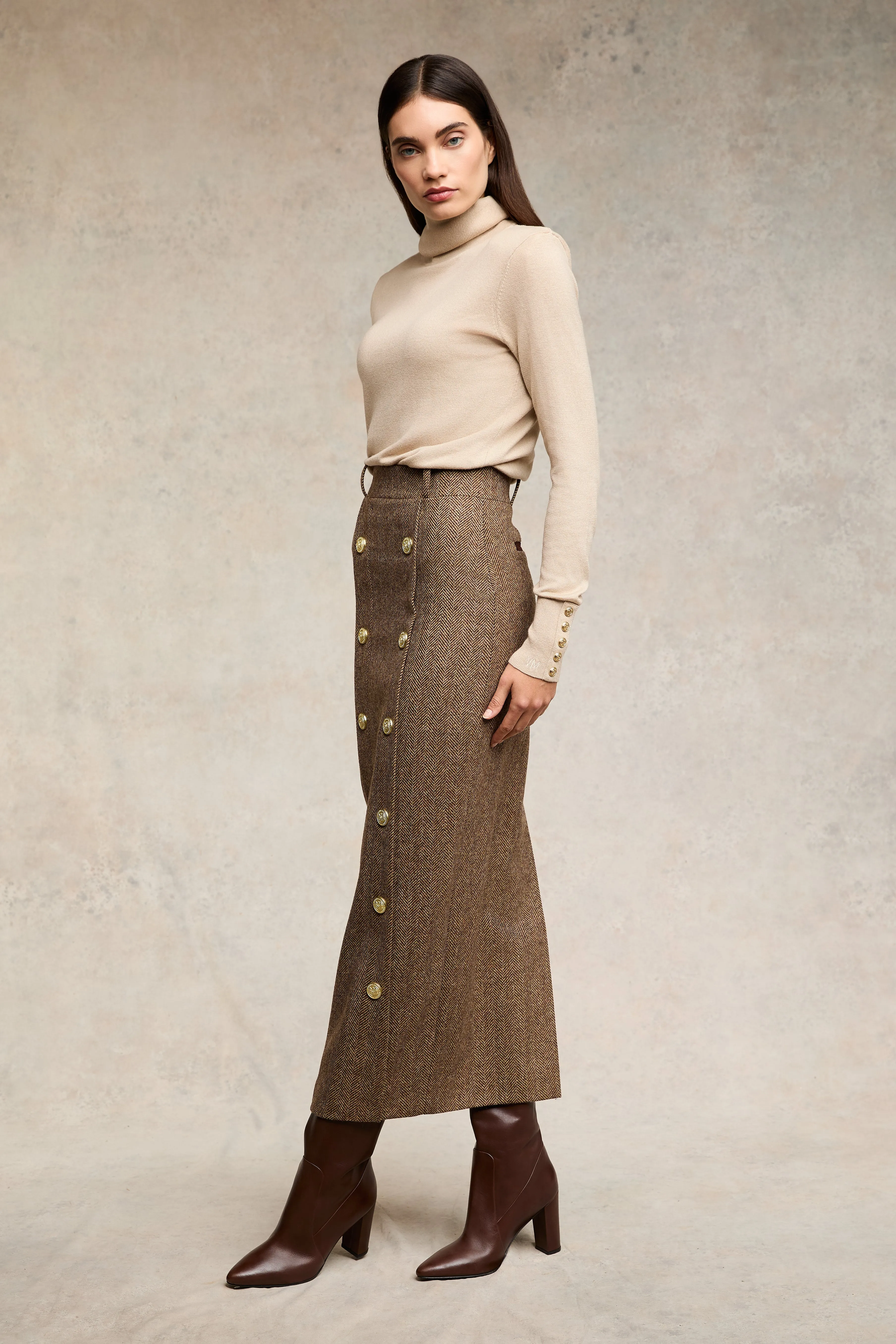 Knightsbridge Maxi Skirt (Large Scale Brown Herringbone)