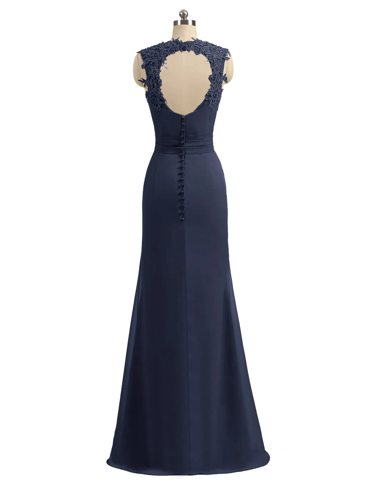 Lace Appliqued Strap Sheath Open Back Dress Dark Navy