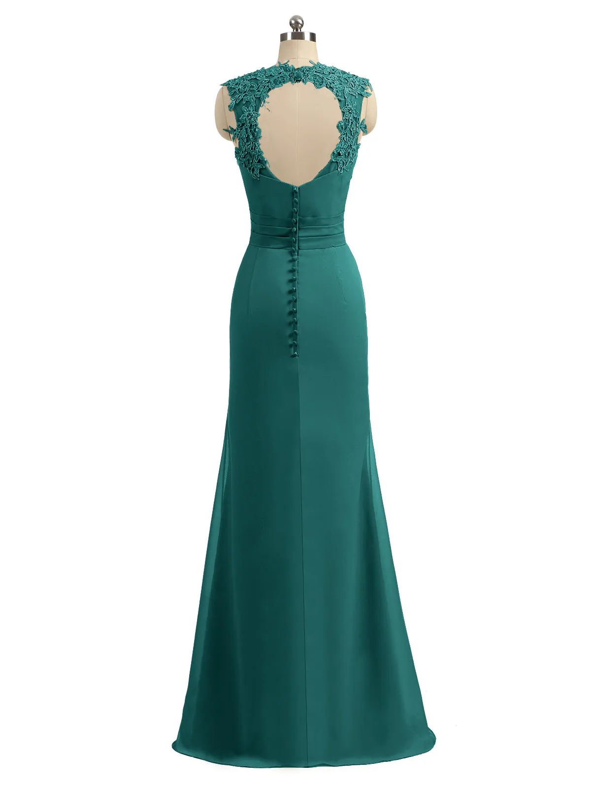 Lace Appliqued Strap Sheath Open Back Dress Peacock