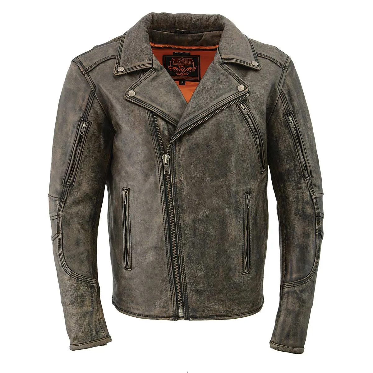 Milwaukee Leather MLM1515 Men's Classic Beltless Distressed Brown Leather Triple Stitched Motorcycle Biker Jacket