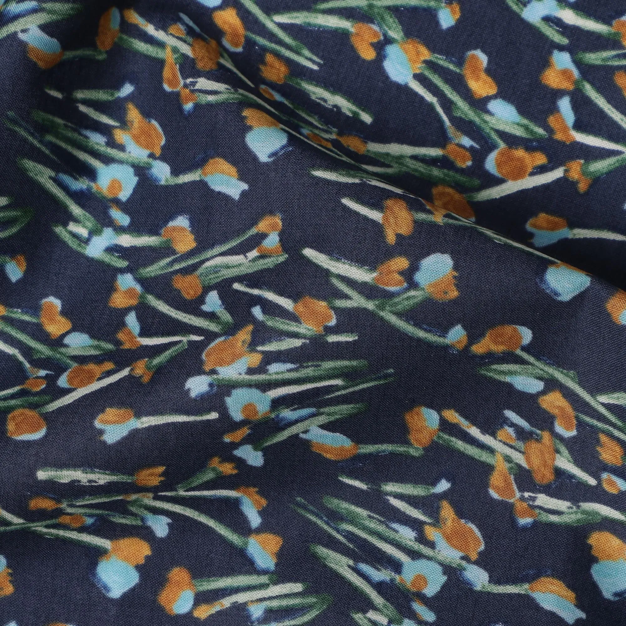 Navy Blue and Orange Floral Cotton Lawn Digital Print Fabric - 110 cm Width-D21223