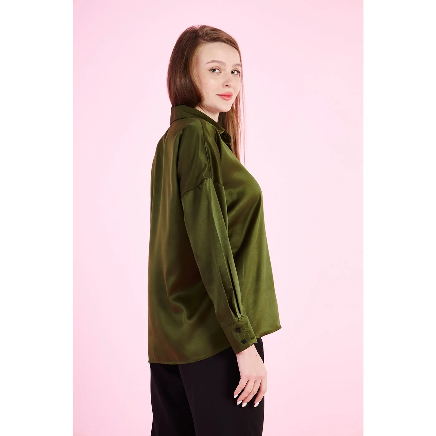 Olive Button Down Satin Shirt