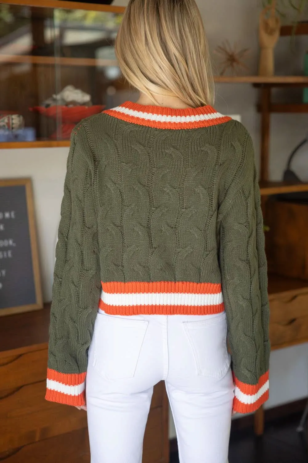 Olive  Long Sleeve Contrast Striped Cropped Sweater