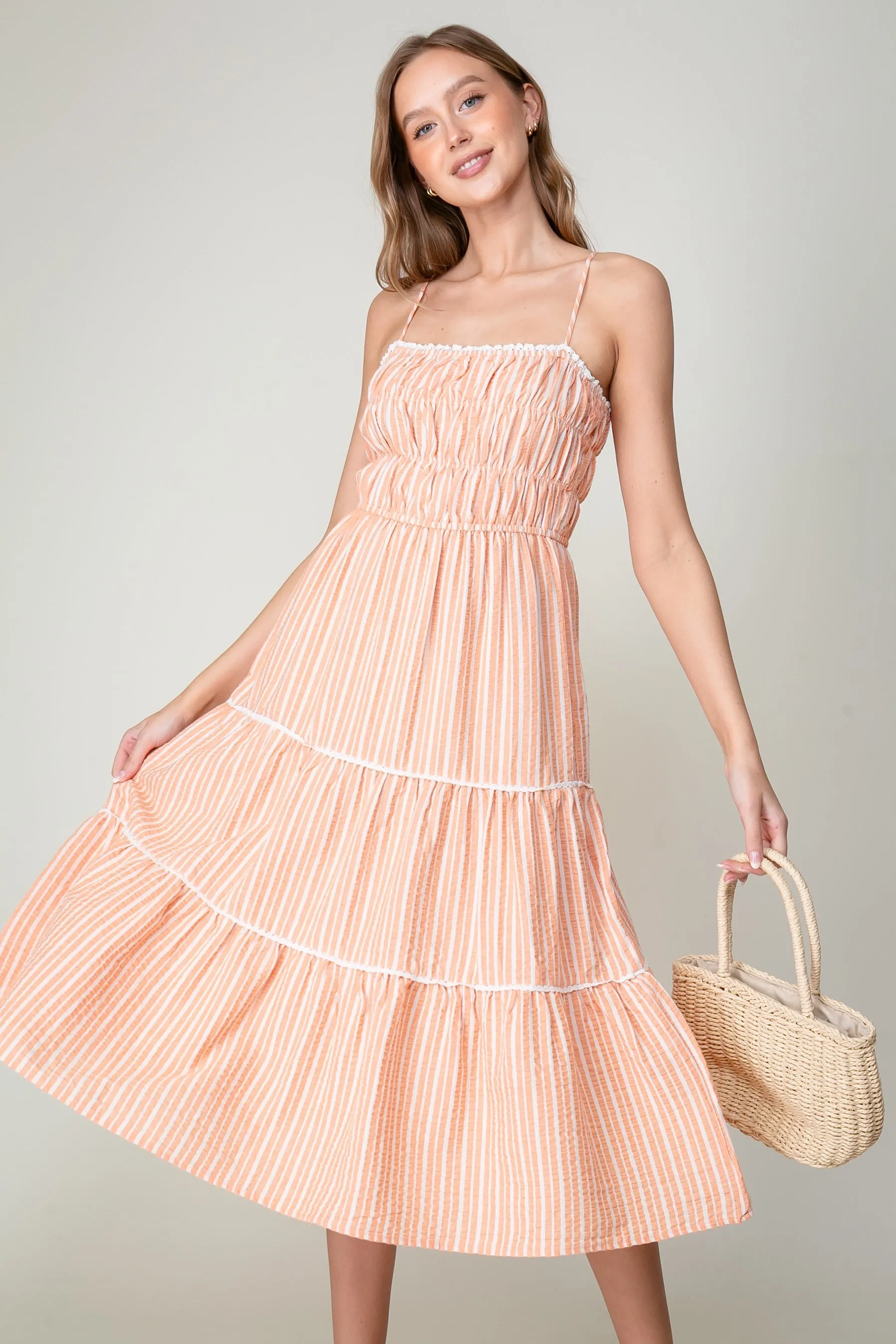 Orange Sleeveless Halter Neck Stripe Tiered Midi Dress