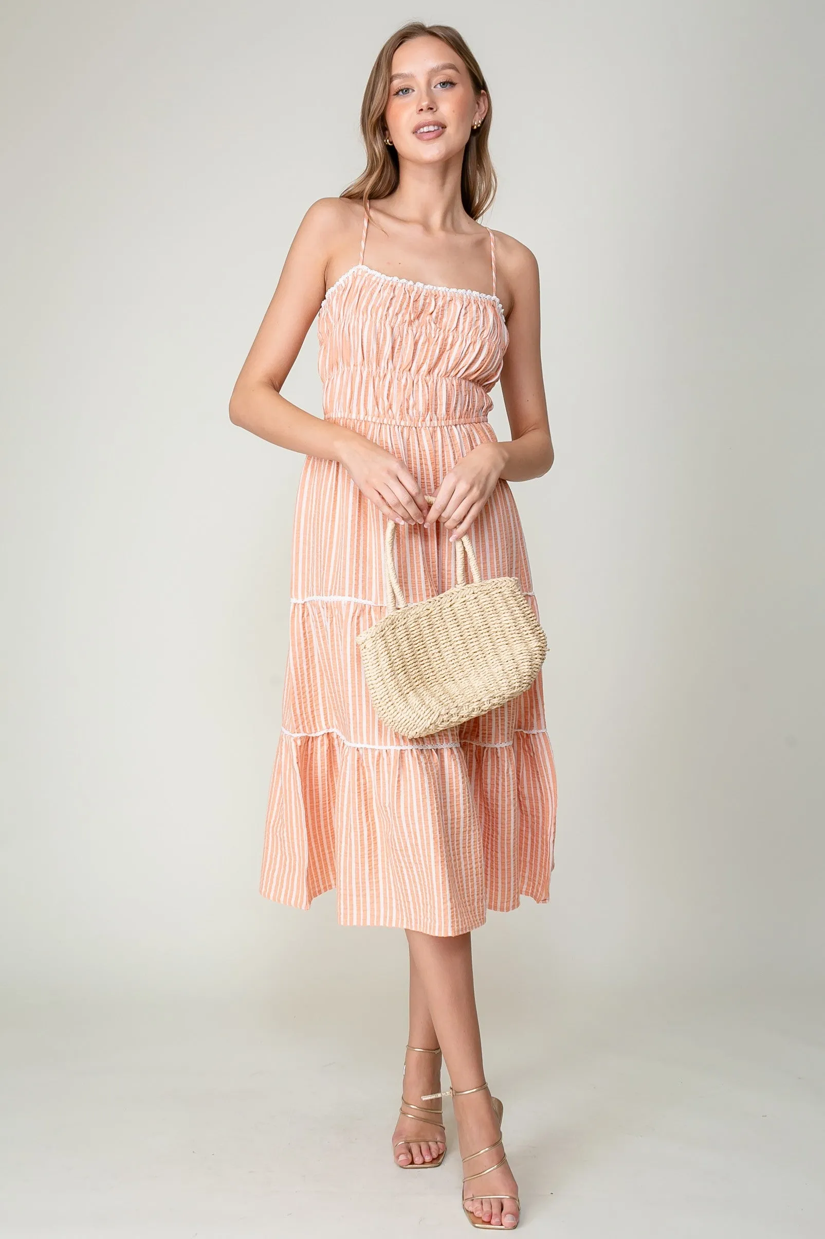 Orange Sleeveless Halter Neck Stripe Tiered Midi Dress